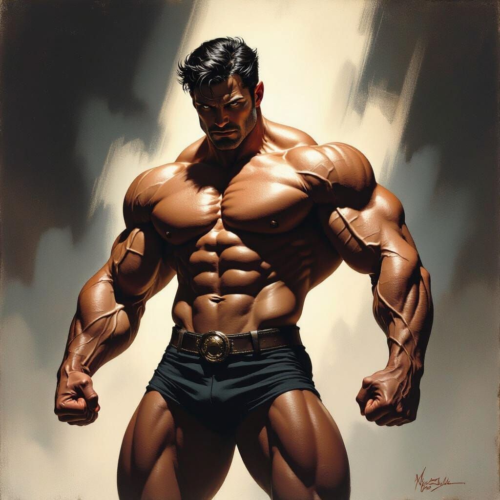 Epic Muscular Man Flexing in Heroic Fantasy Style