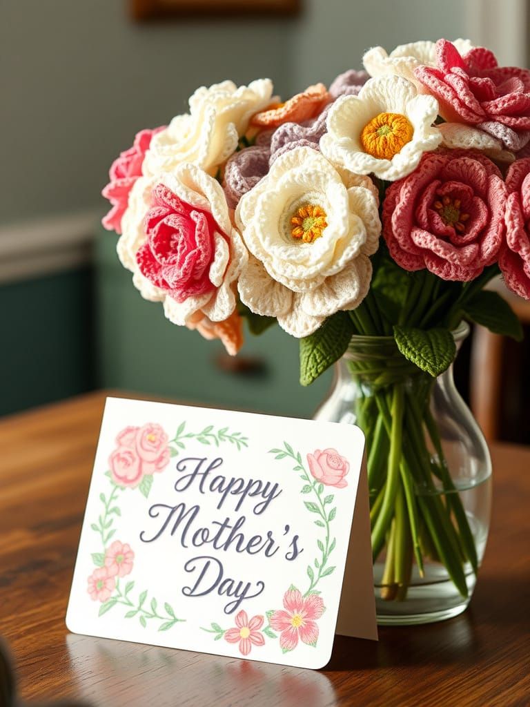 Retro-Style Vase with Crocheted Flowers on a Country Kitchen...