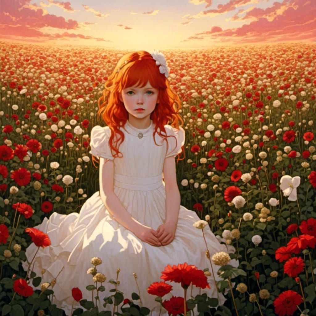 Anime Girl in Flower Field at Golden Hour