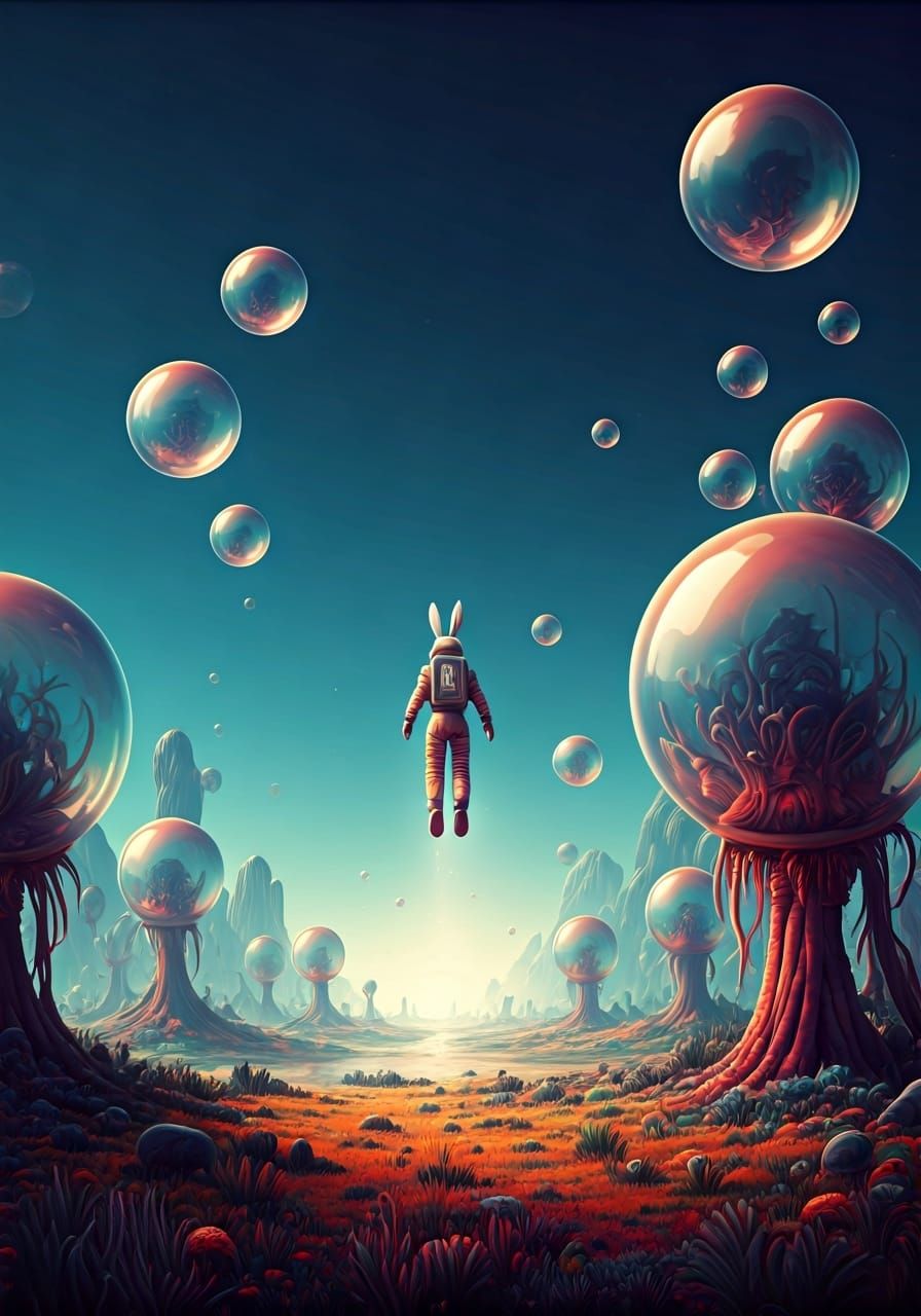 Rabbit Astronaut in Bubble Field, Syd Mead Style