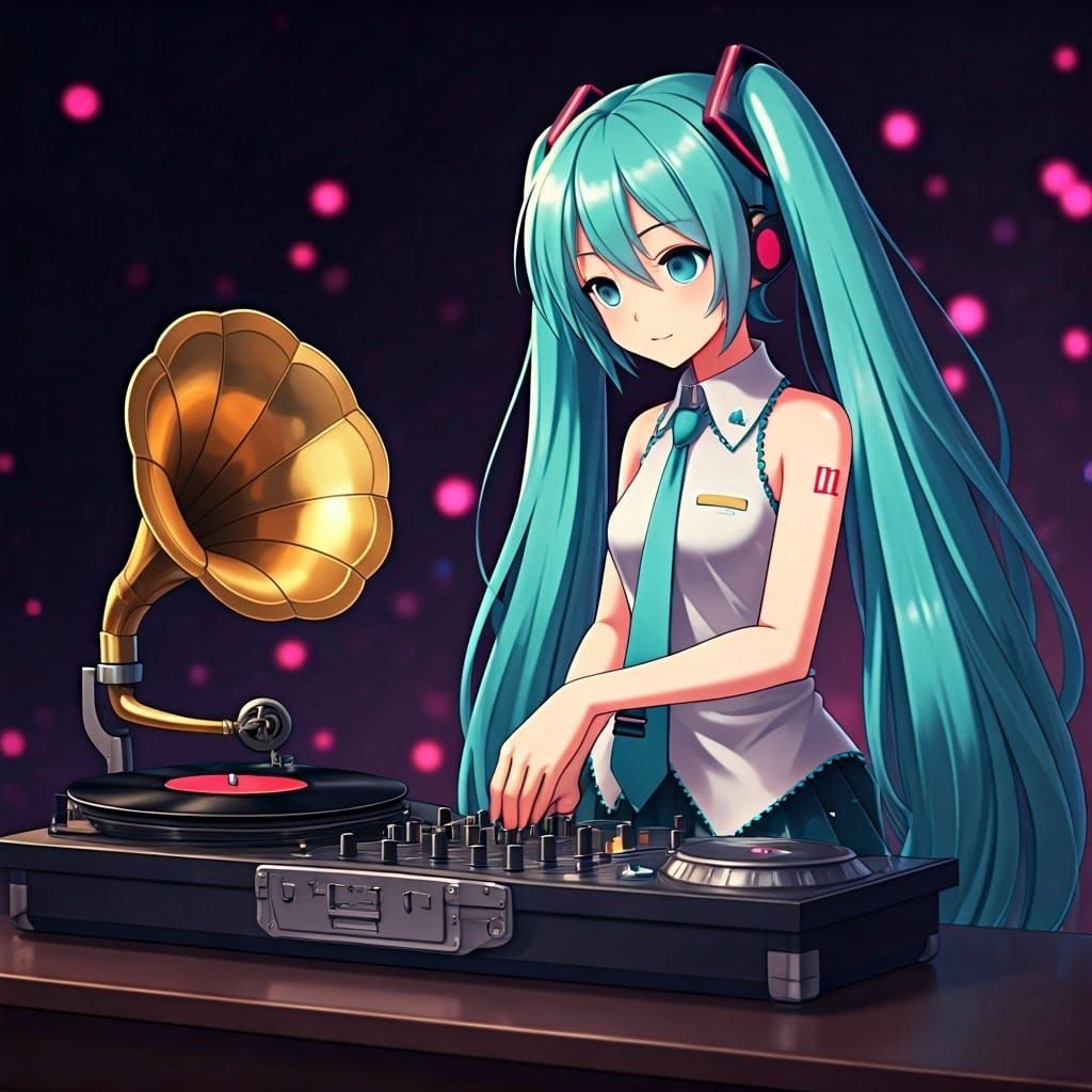 Hatsune Miku as Party DJ Scratches Gramophone Record