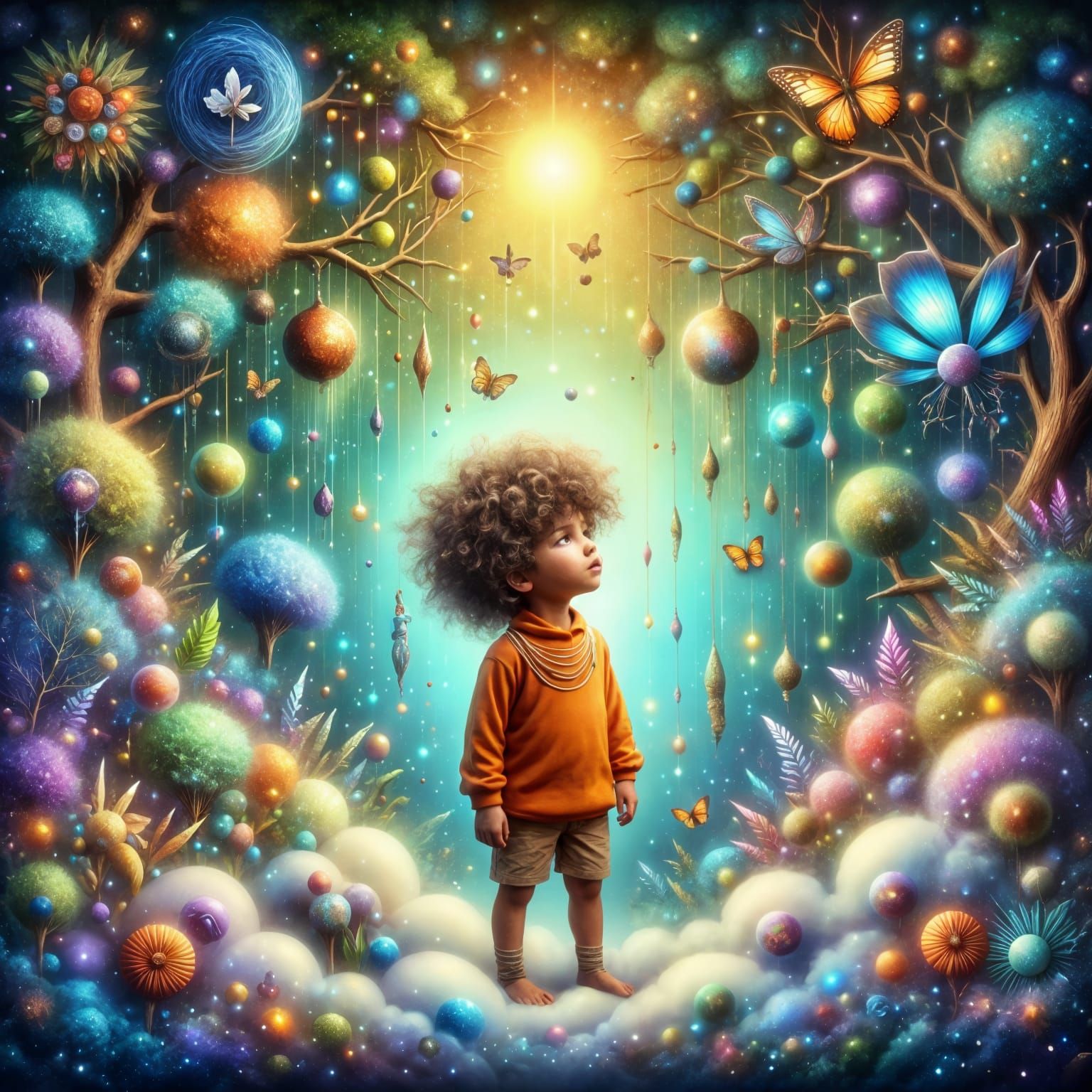 Young Boy Gazing Down at Enchanted Forest in Abstract Art