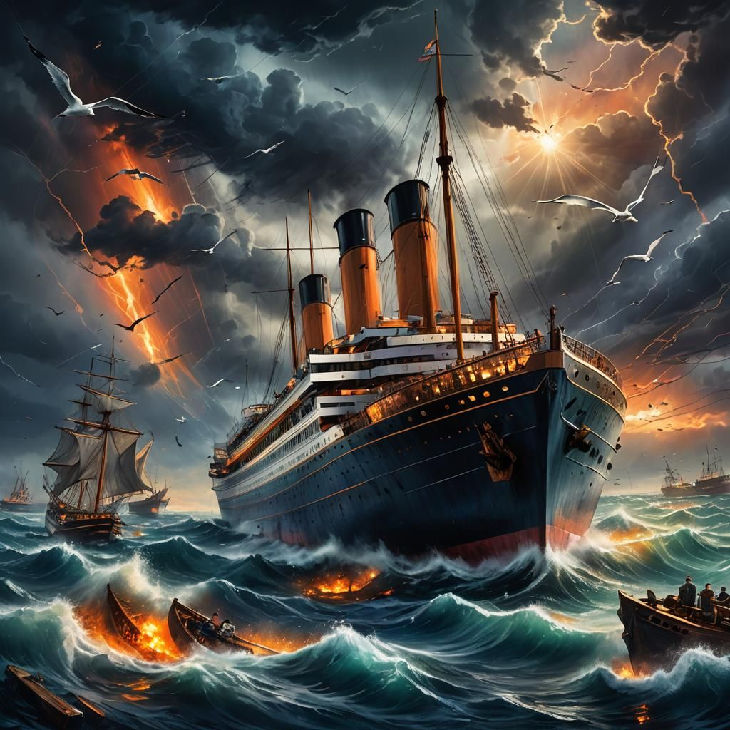Titanic Sinking in Stormy Sea: Epic Oil Painting