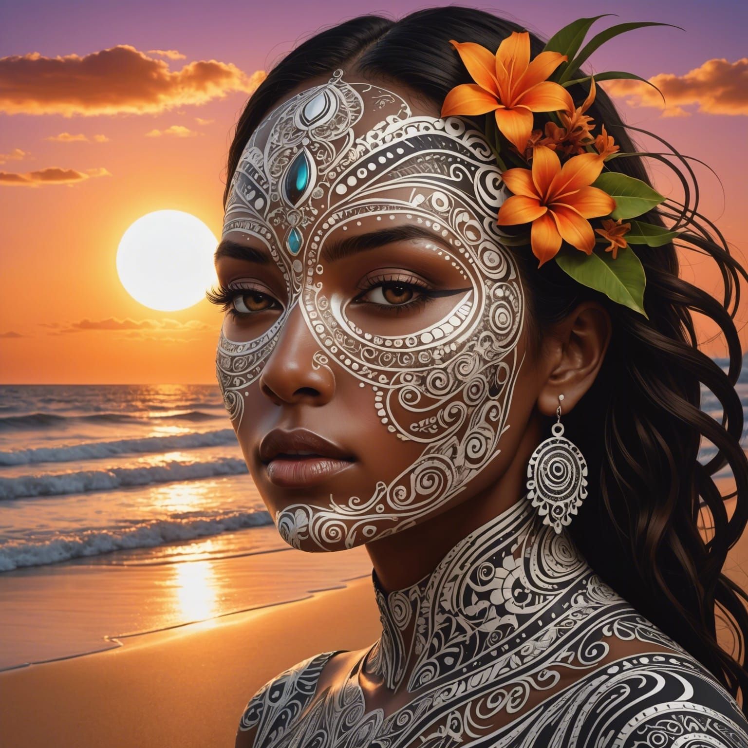 Surreal Tribal Woman on Sunset Beach: Digital Art