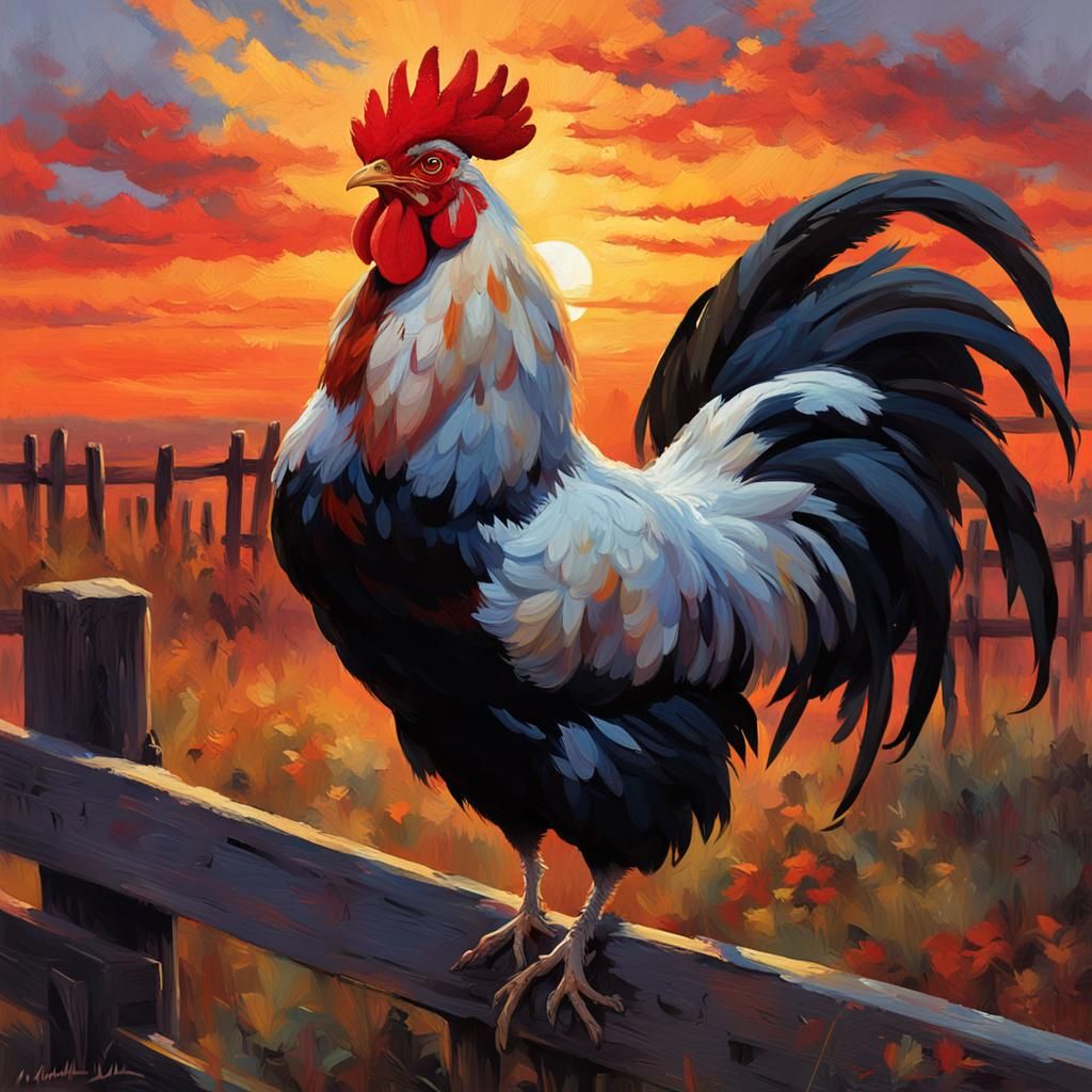 Rooster Crowing at Sunrise in Baroque Style