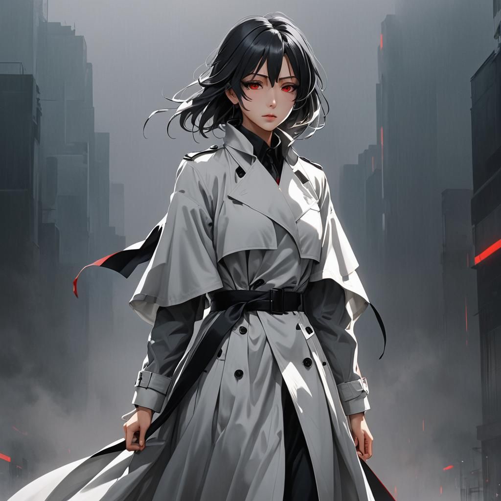 Anime Girl in Trench Coat, Vibrant Illustration