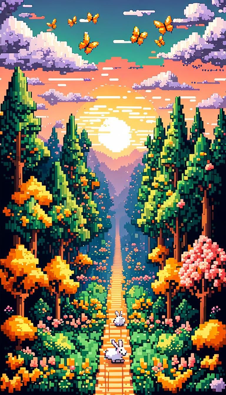 Magical Pixel Art Forest at Sunset
