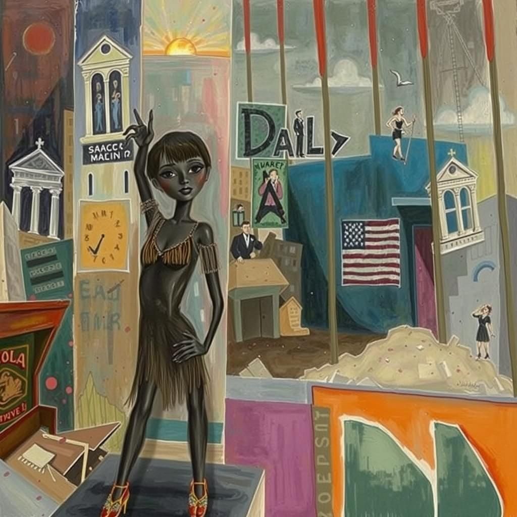 Flapper Dances Amidst Ruins in Surrealist Style