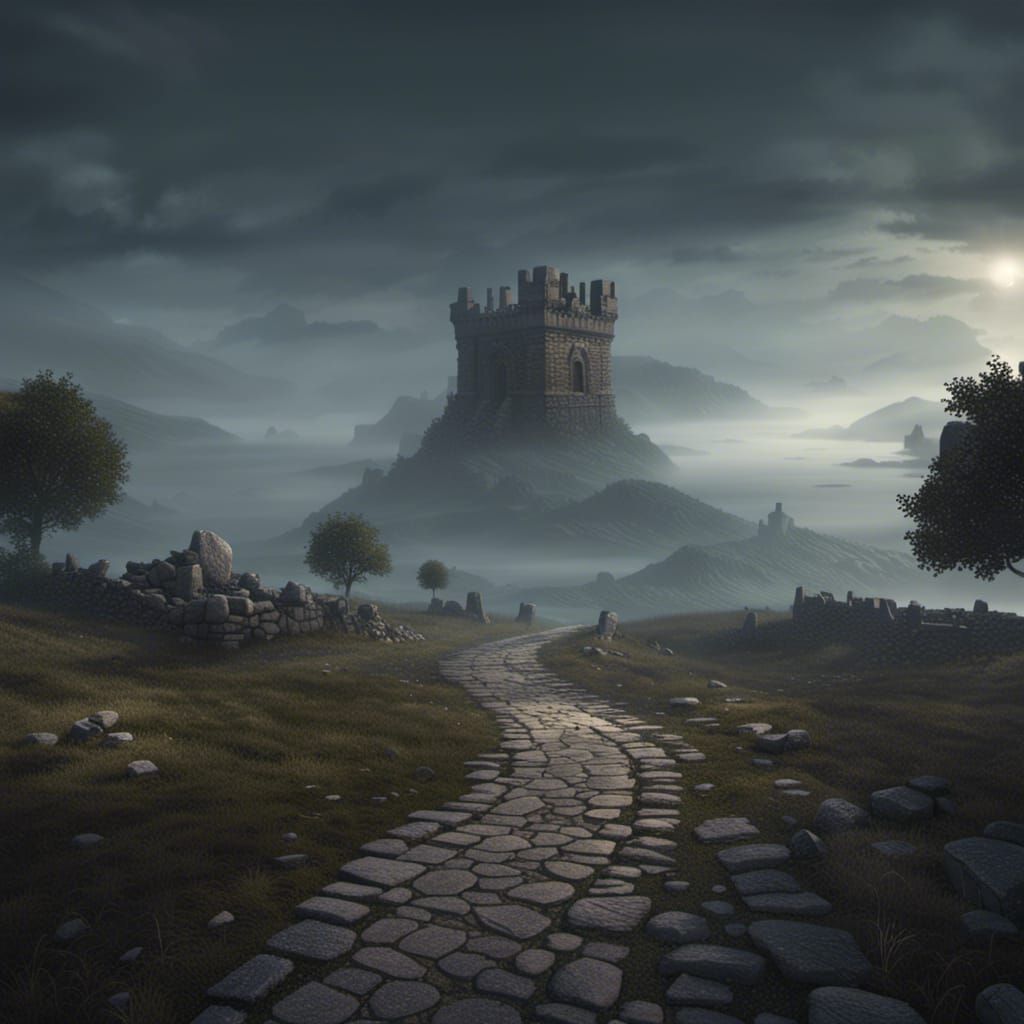 Ancient Stone Road in Dark Fantasy Landscape