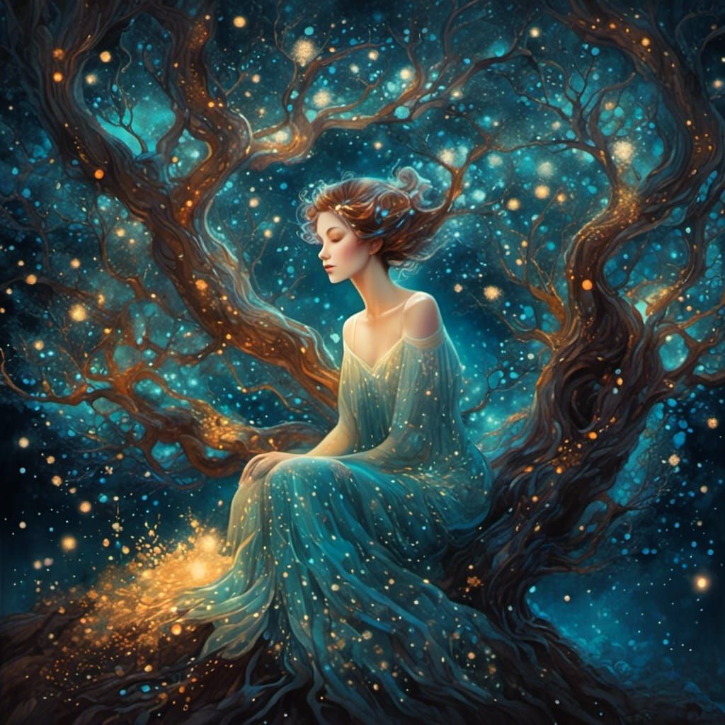 Woman Under Starry Night Sky: Hyperdetailed Concept Art