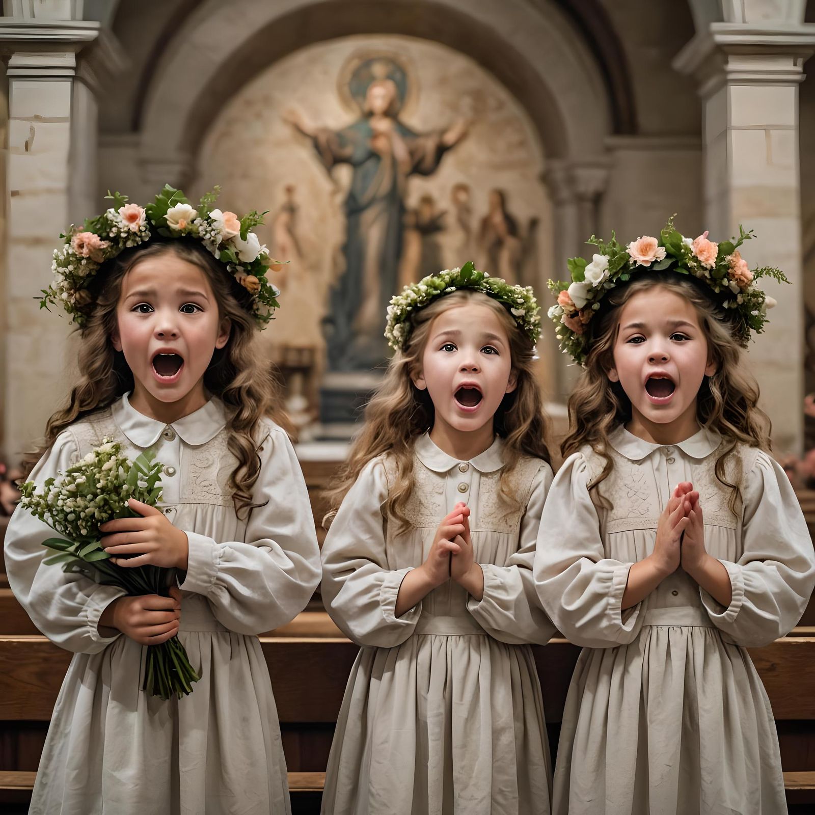 Girls Singing High Note in Old Church