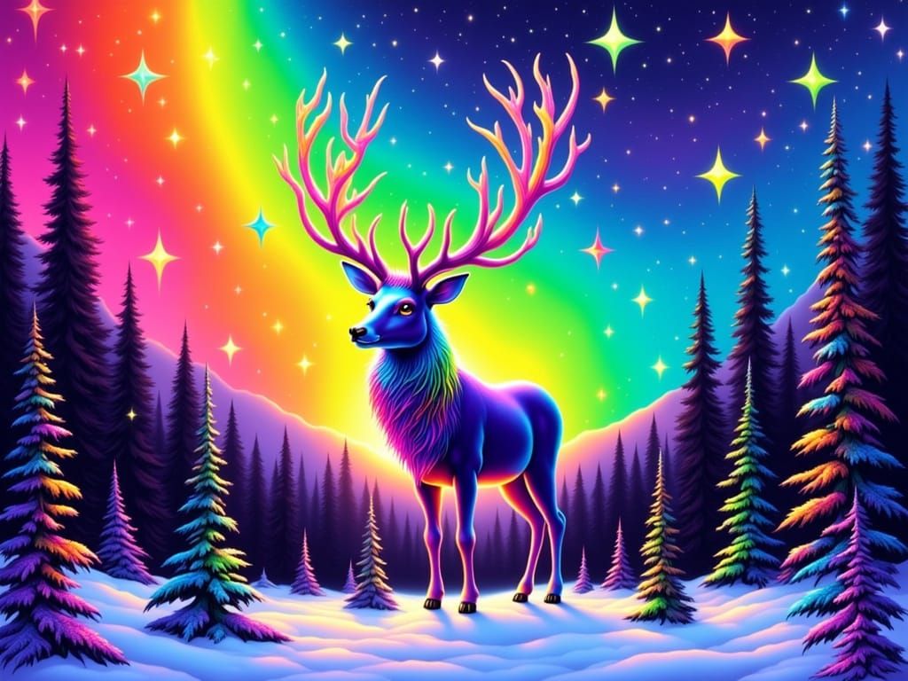 Vibrant Stag in Neon Arctic Forest