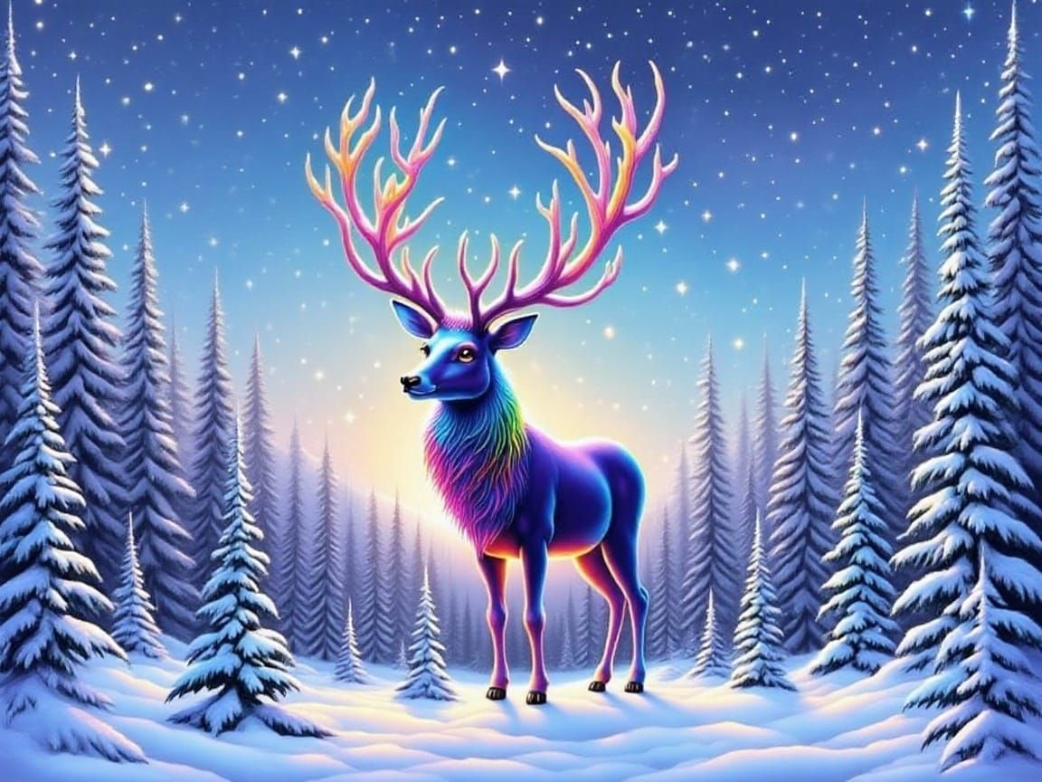 Lisa Frank Style Stag in Magical Arctic Forest