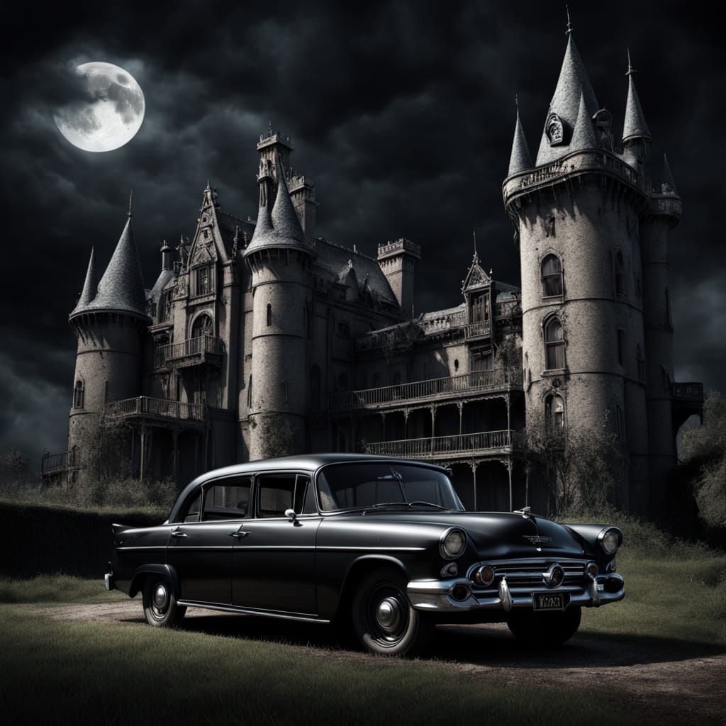 Vintage Car in Front of a Decrepit Castle, Film Noir Style