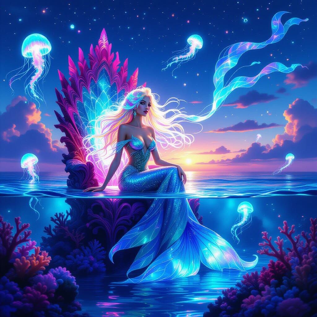 Enchanting Siren on Coral Throne in Fantasy Realism