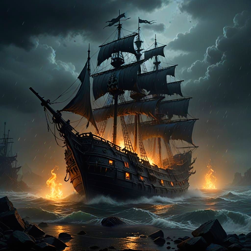 Ghostly Pirate Dreadnought on Stormy Sea
