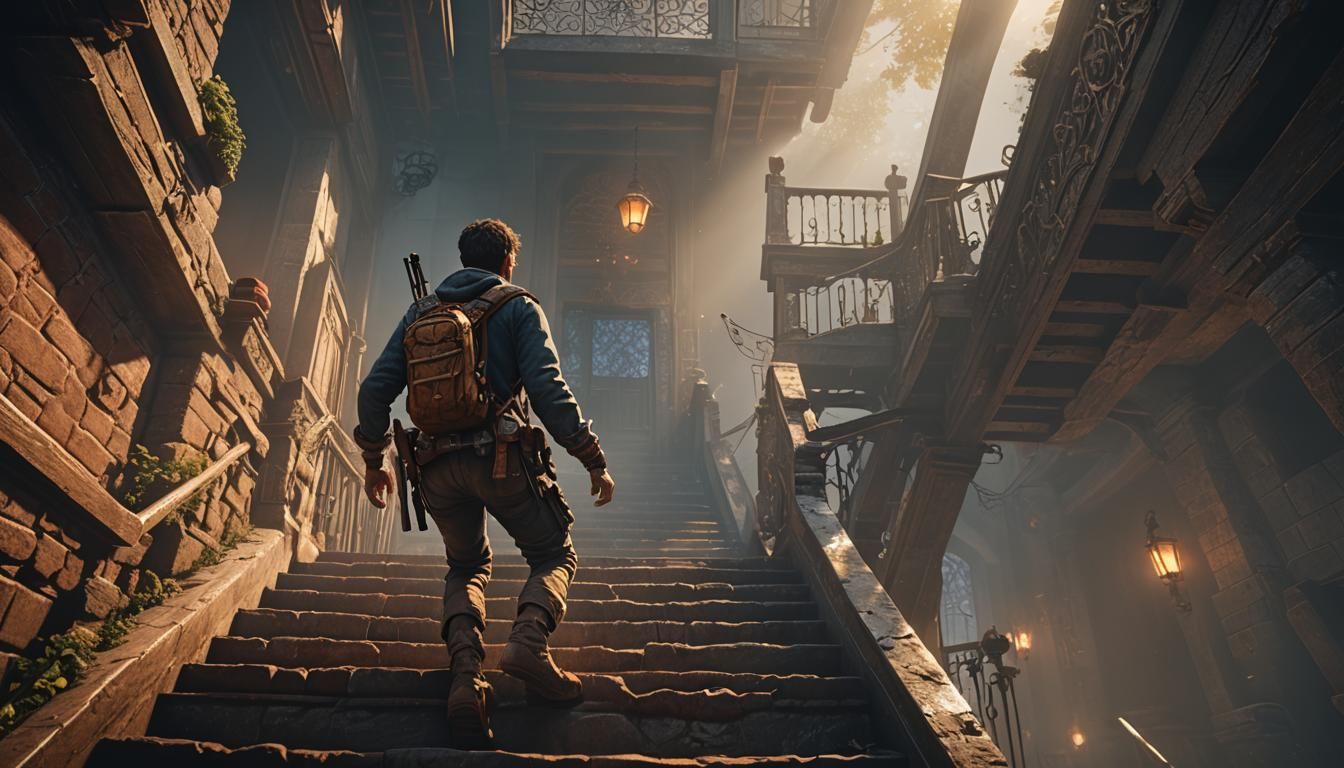 Person Climbing Staircase in 3D Videogame Style