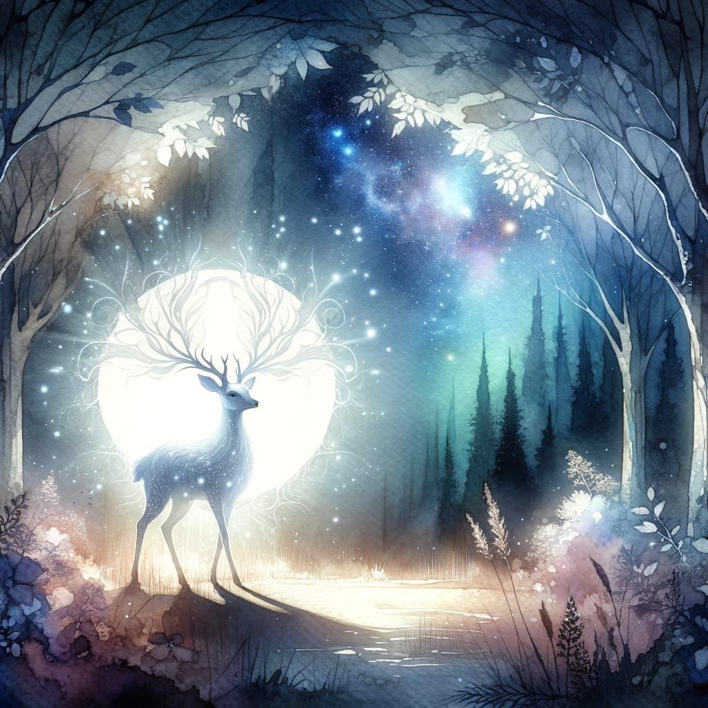 Magical Deer Made of Light in Watercolour Forest