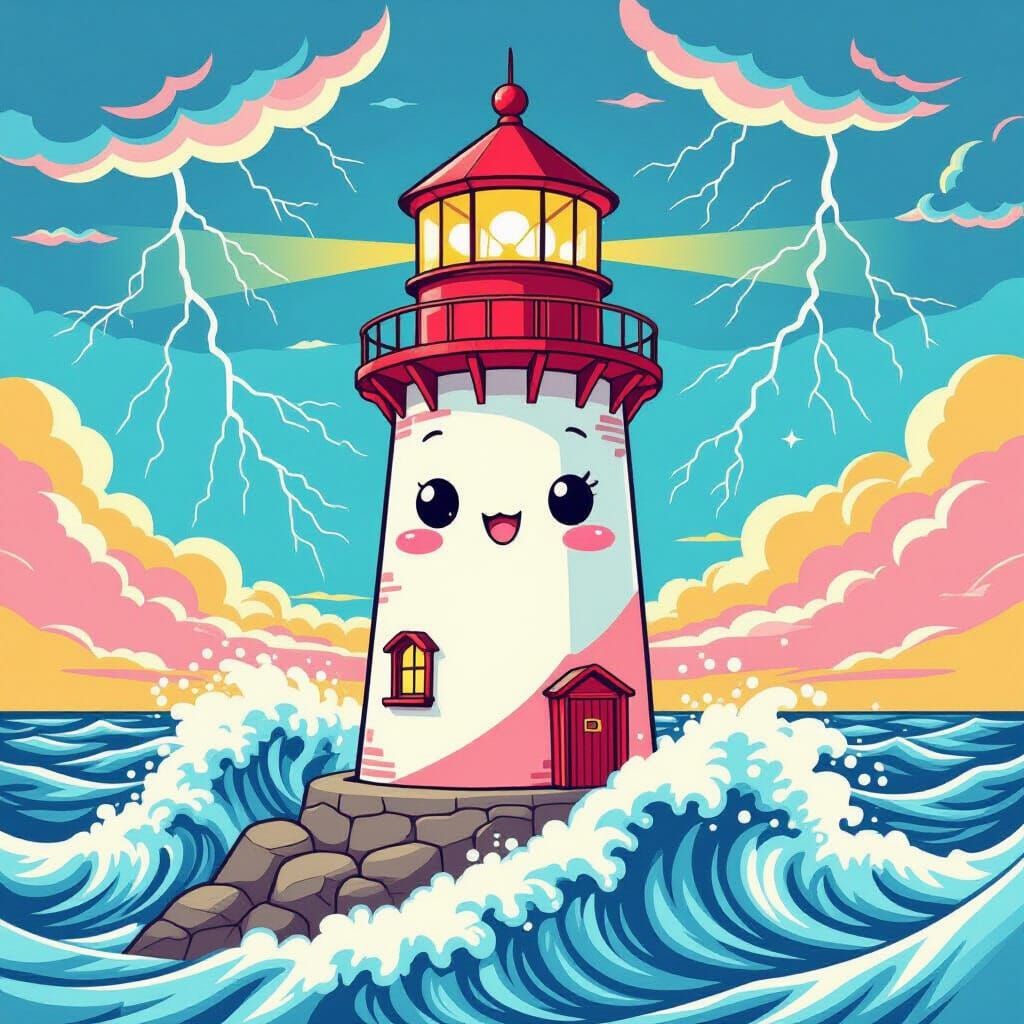 Kawaii Lighthouse in Stormy Sea, Manga Style