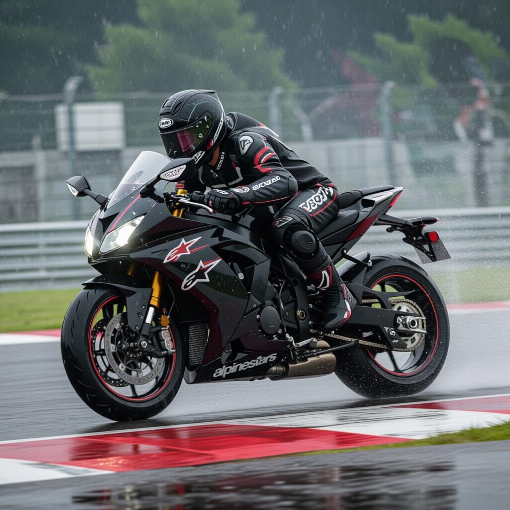 Racer Accelerating on Rain-Soaked Track