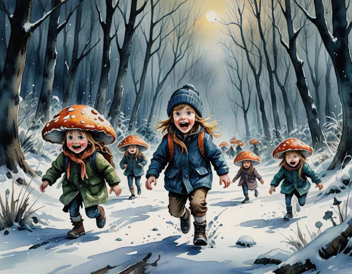 Dark Fantasy Children Encounter Terrifying Winter Mushrooms