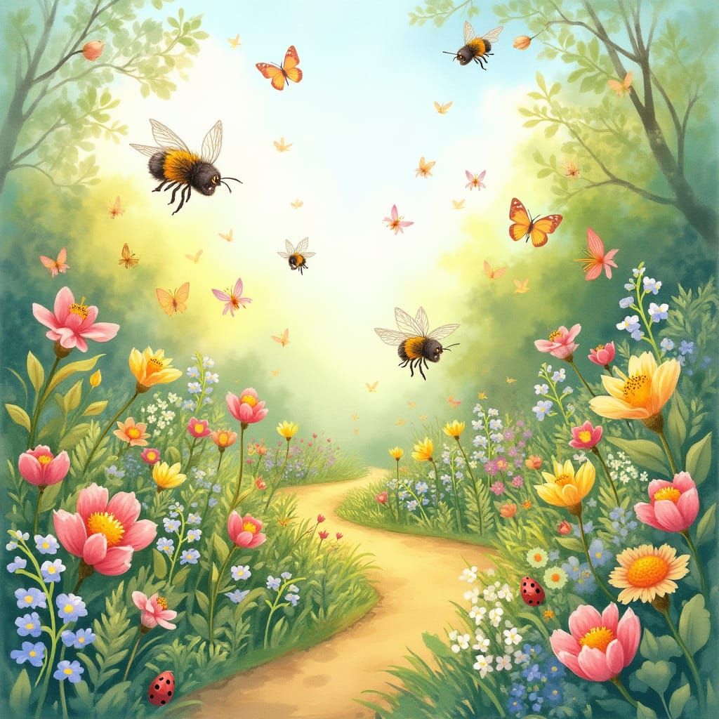 Whimsical Spring Garden Scene in Dreamy Watercolor Style