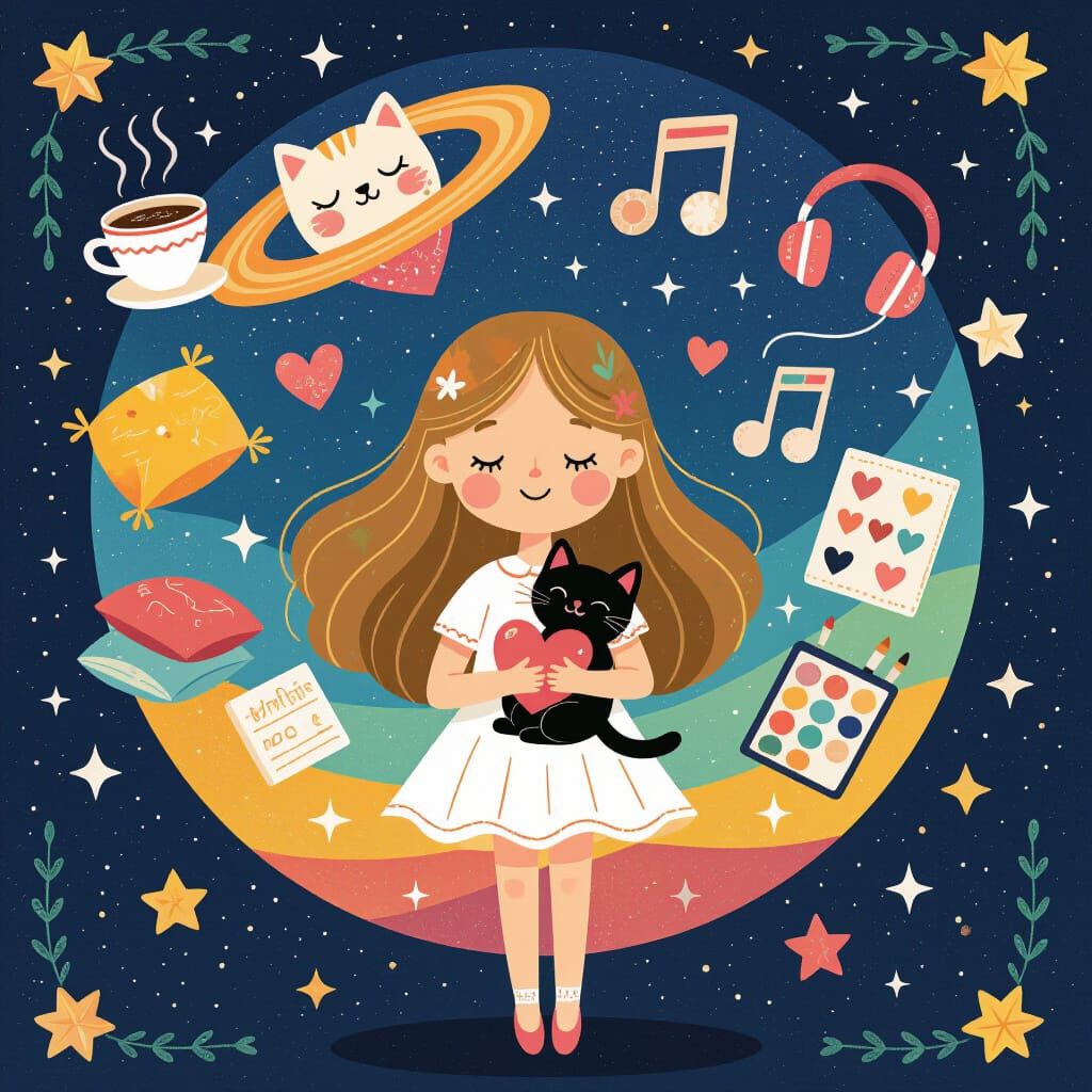 Girl's Mindscape Cosmos with Cat and Thoughts