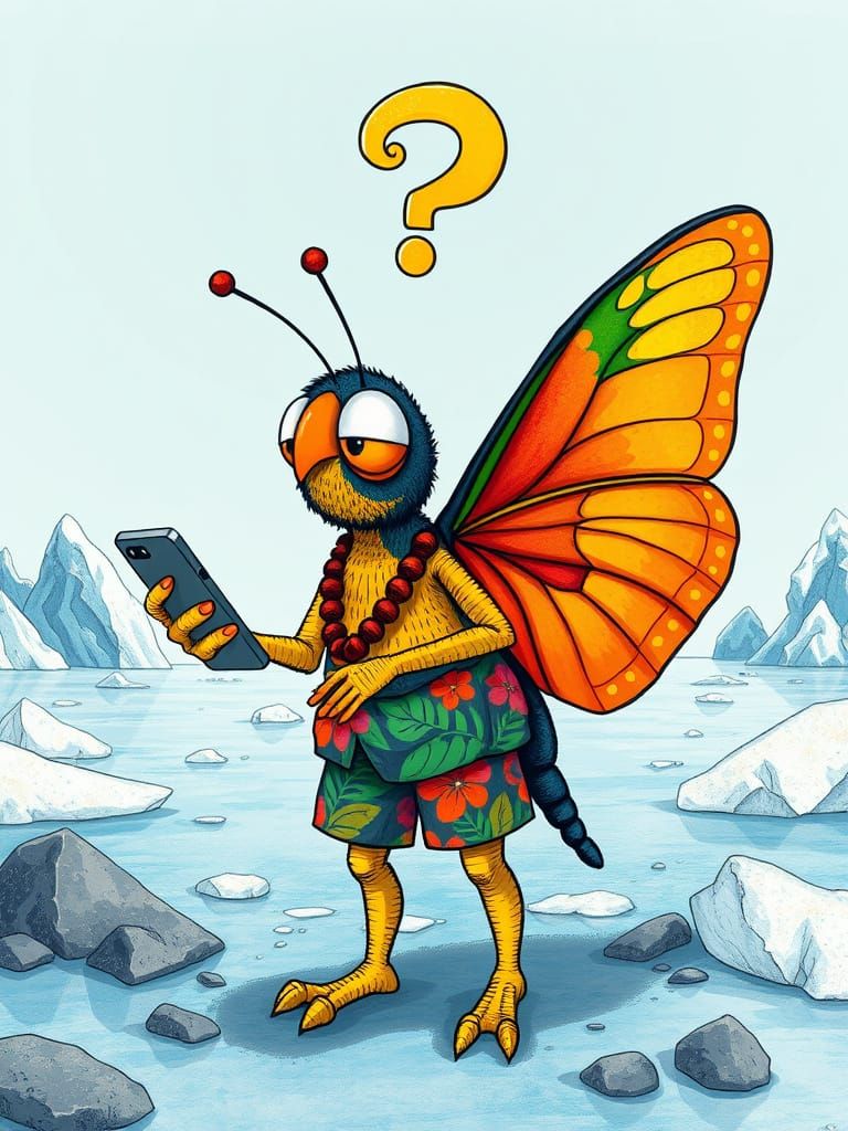 Confused Butterfly in Antarctica: Digital Whimsical Art