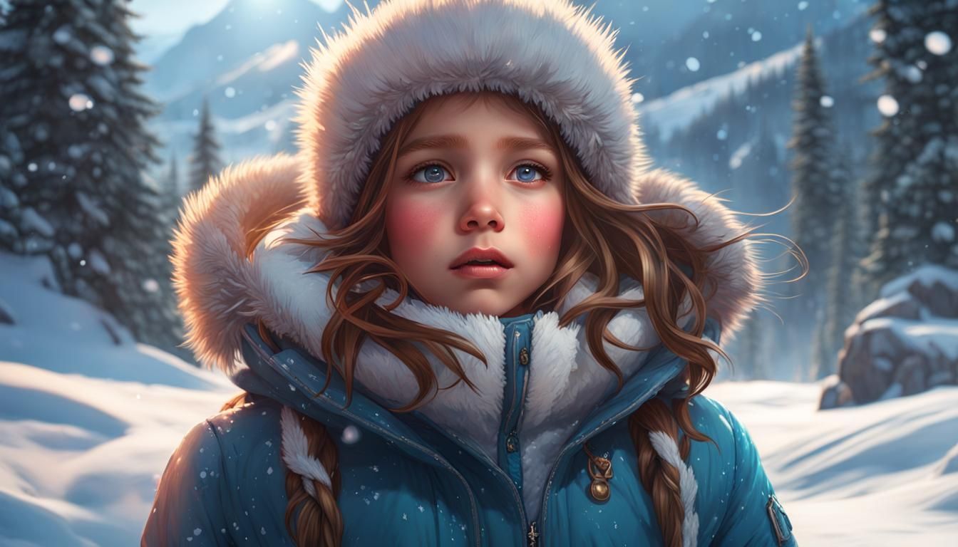 Snowflake Girl in Winter Landscape: Hyperdetailed Portrait