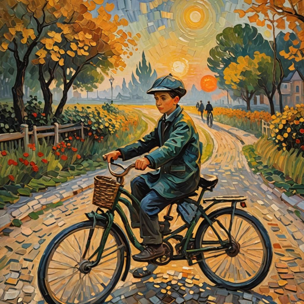 Boy on Bike: Expressionist Oil Painting in Impasto Style