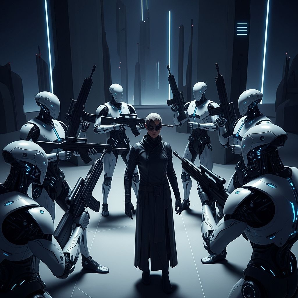 Futuristic Robots Encircling Figure in High-Contrast Style