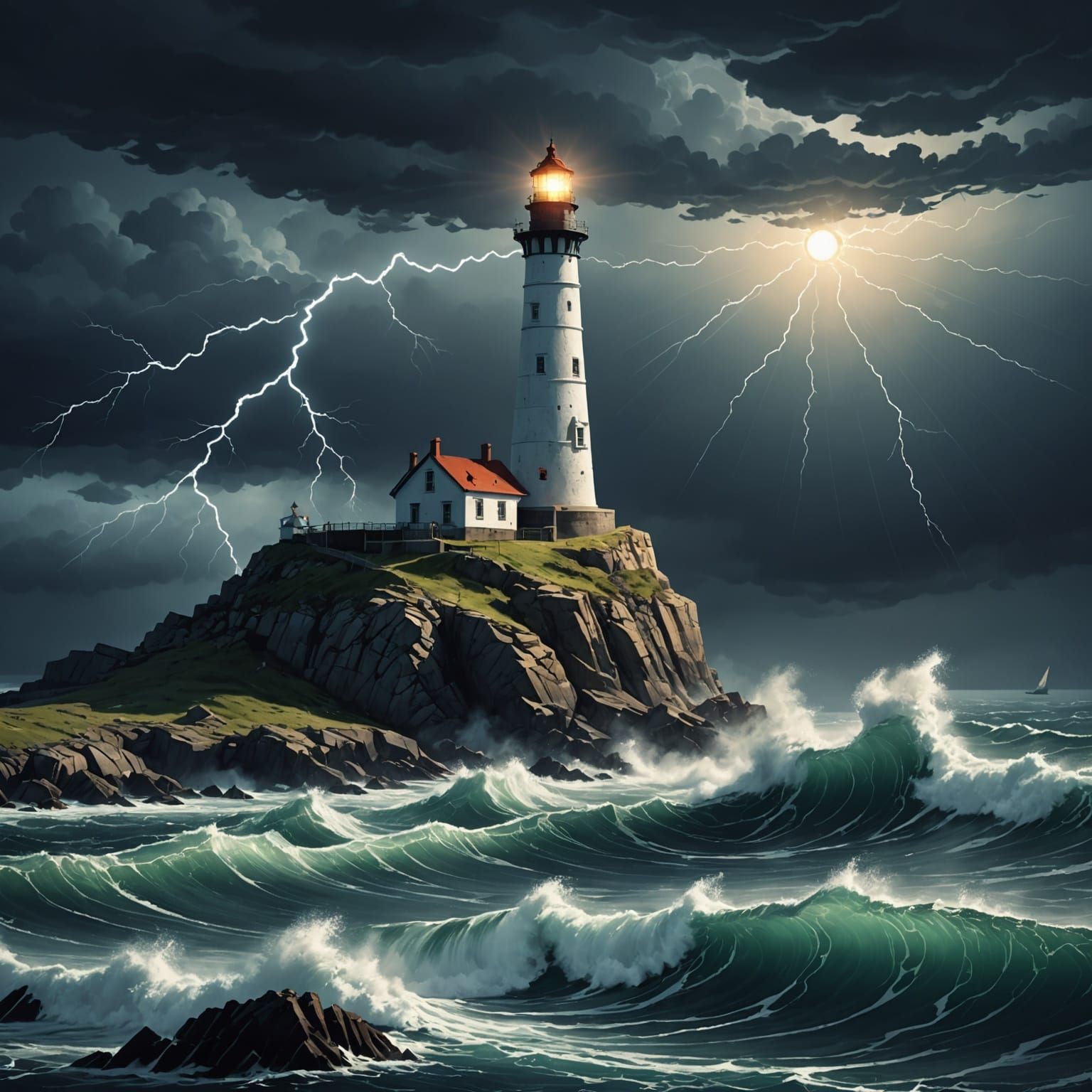 Lighthouse Against Stormy Sea: Hyperdetailed Matte Painting