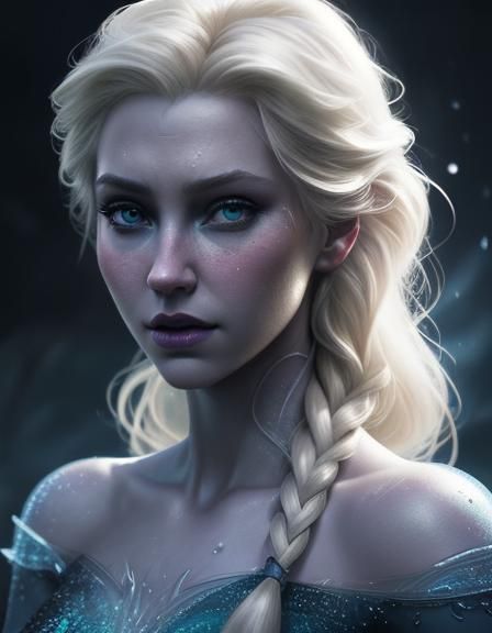Dark Disney Elsa: Hyperrealistic Splash Art Portrait