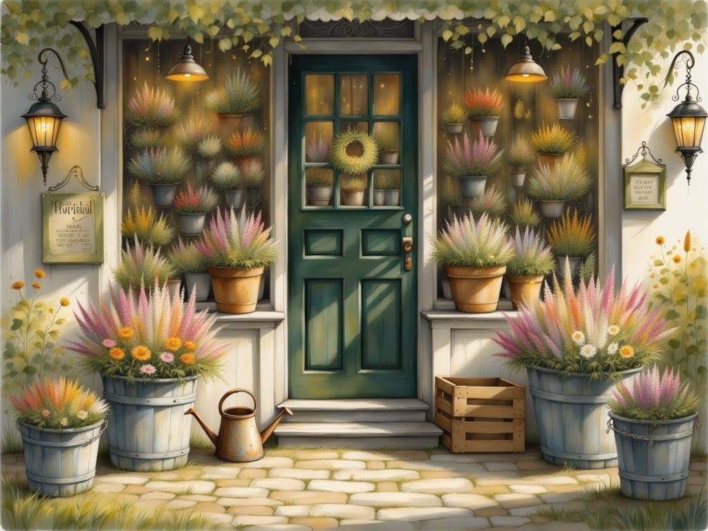 Vintage Flower Shop at Sunset in Whimsical Watercolor Style