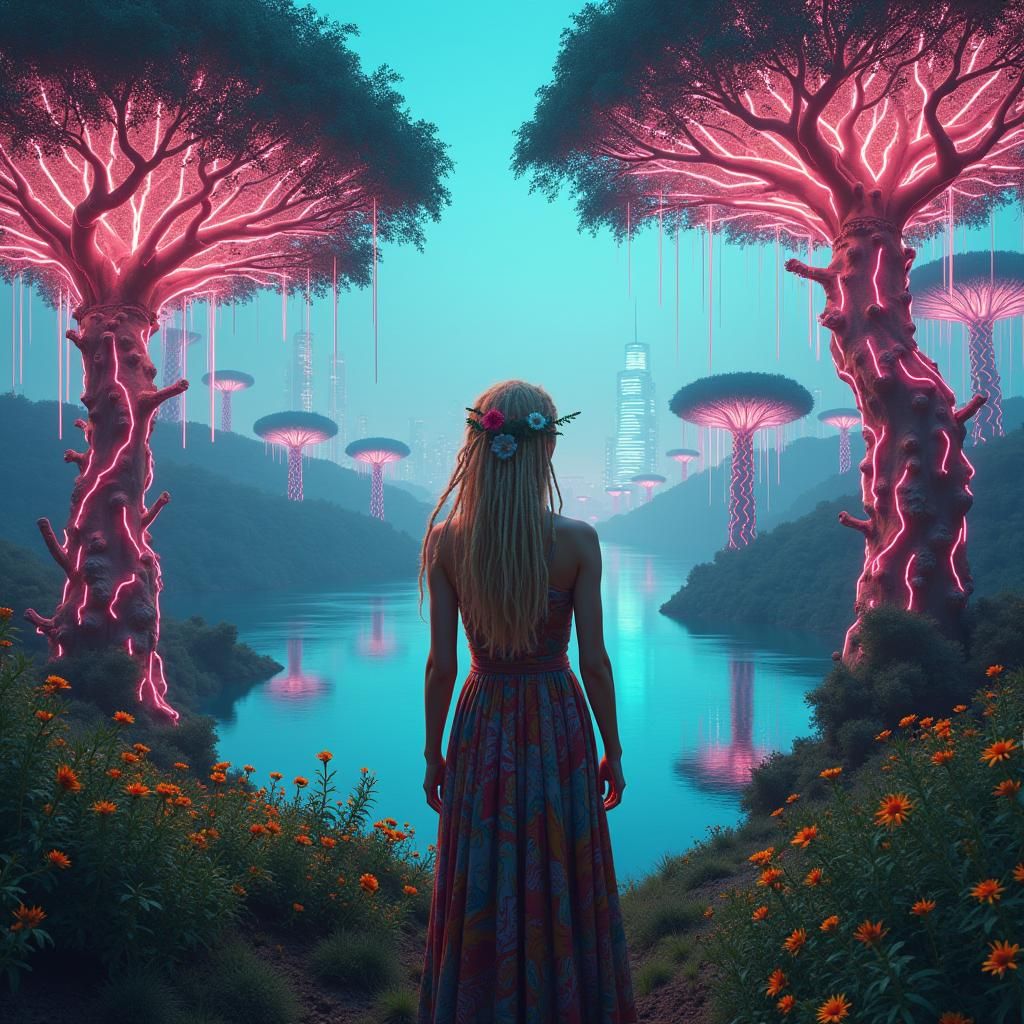 Woman in Dystopian Landscape with Neon Trees