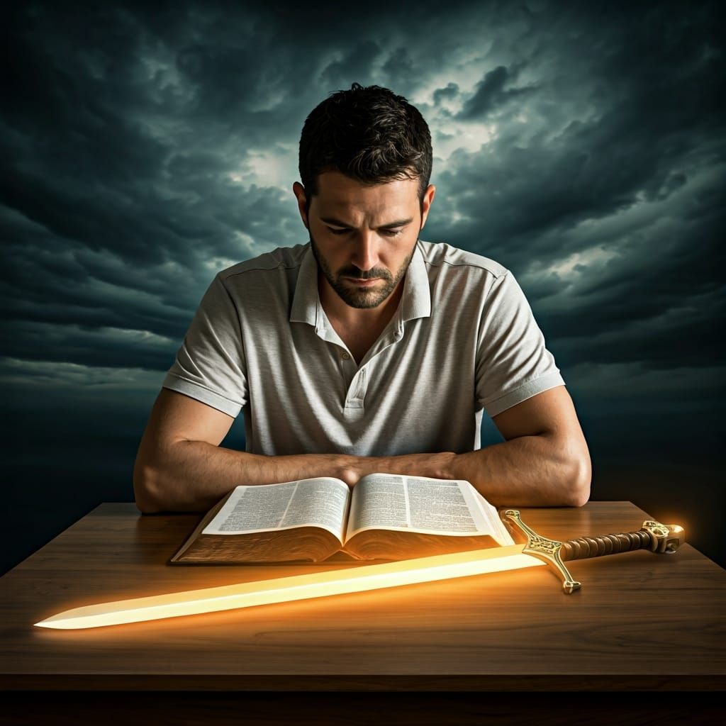 Man Reading Bible with Glowing Sword