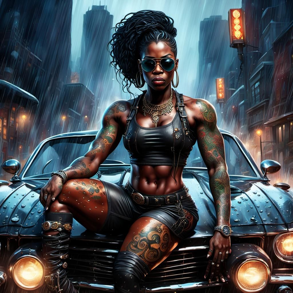 Gothic Woman in Rain Soaked Cityscape: a Digital CGI Paintin...