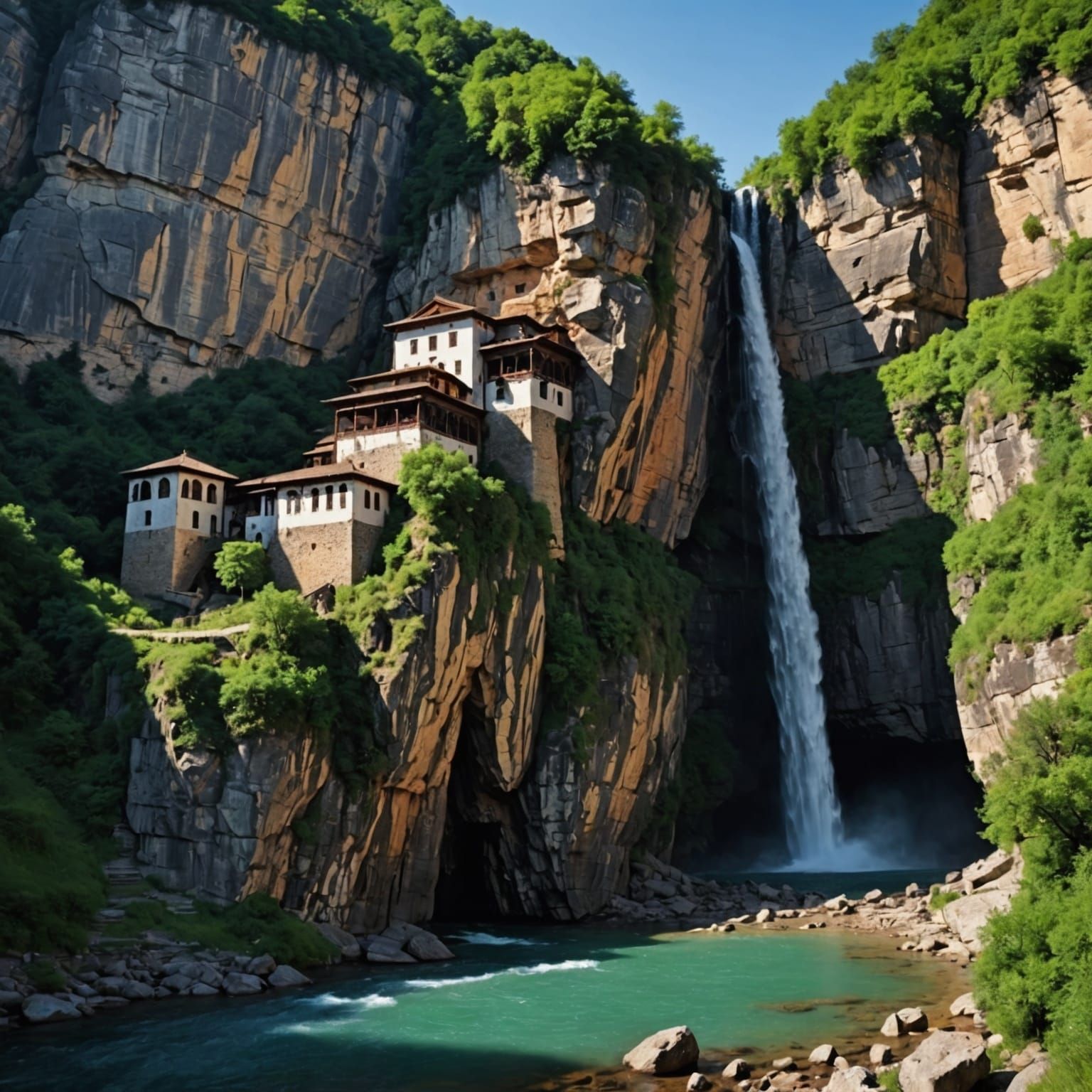 Cliffside Monastery by Waterfall in 4K