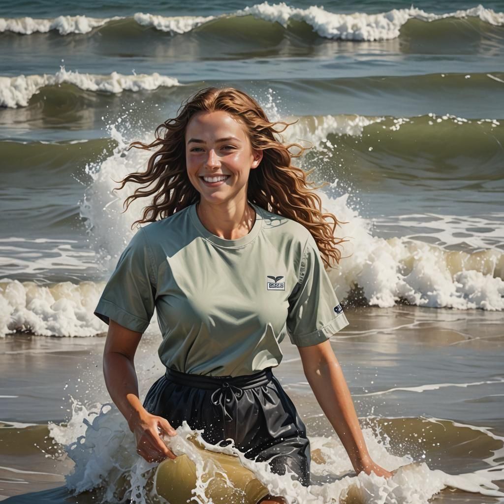 Hyperrealistic Image of Emily Noether at the Beach