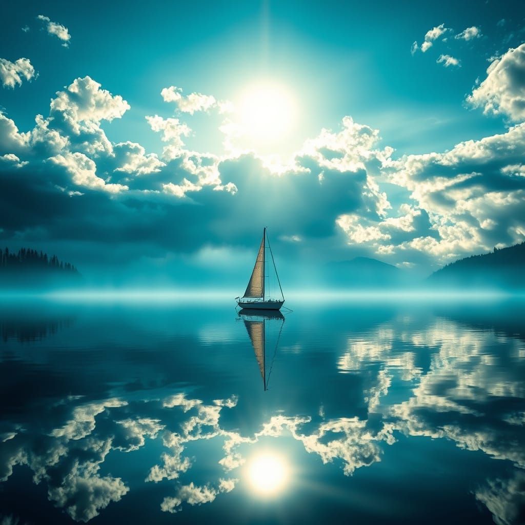 Lake Reflection with Sailboat Under Cloudy Sky