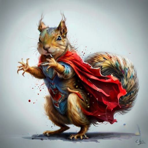 Superhero Squirrel Flying Pose, Hyperreal Art