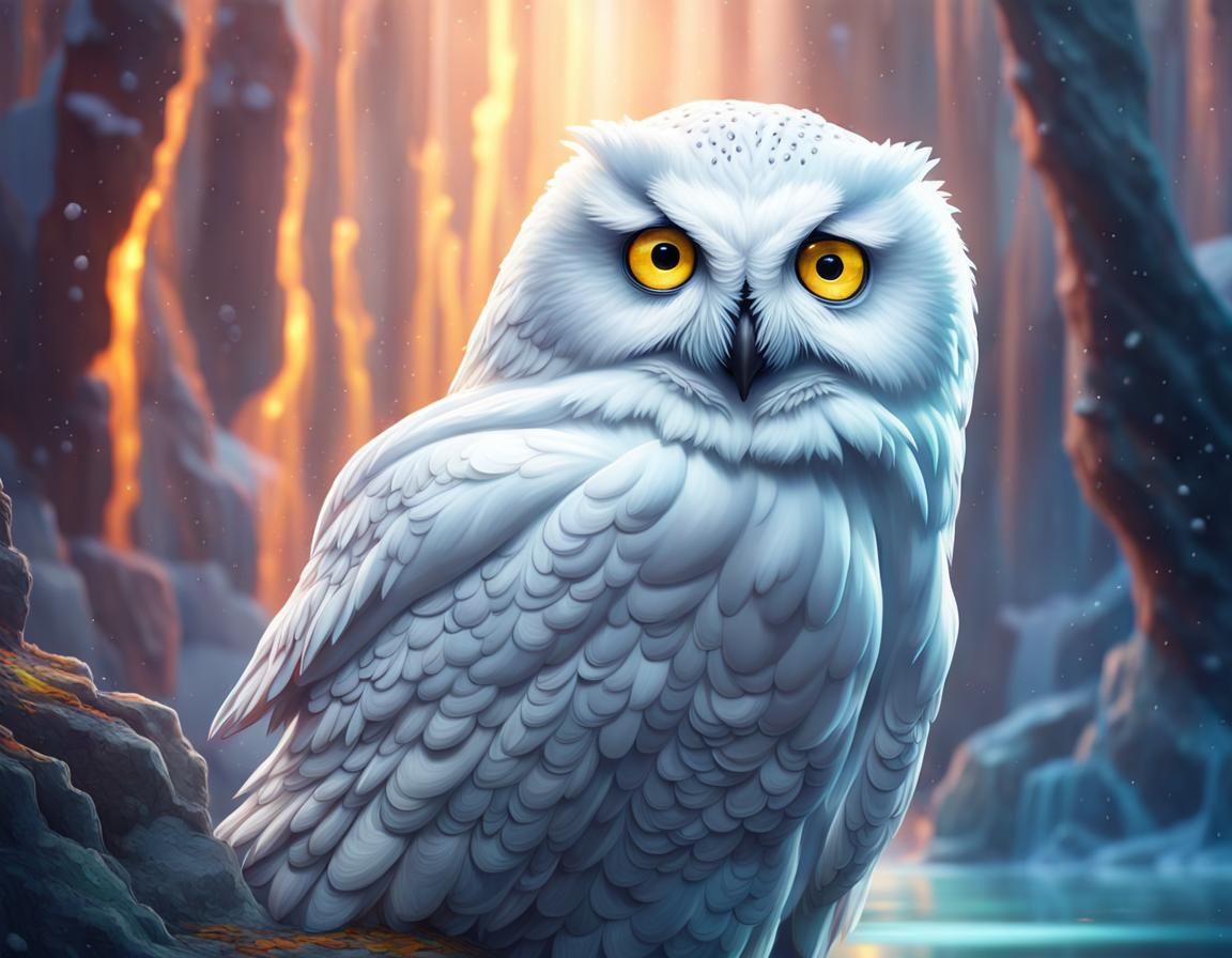 Snow Owl Portrait with Northern Lights, Hyperrealistic Art