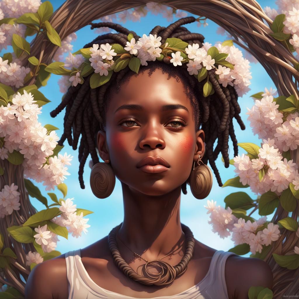 Beautiful African Girl with Apple Blossoms Portrait