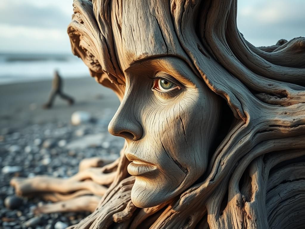 Driftwood Face on Winter Beach: Conceptual Photography