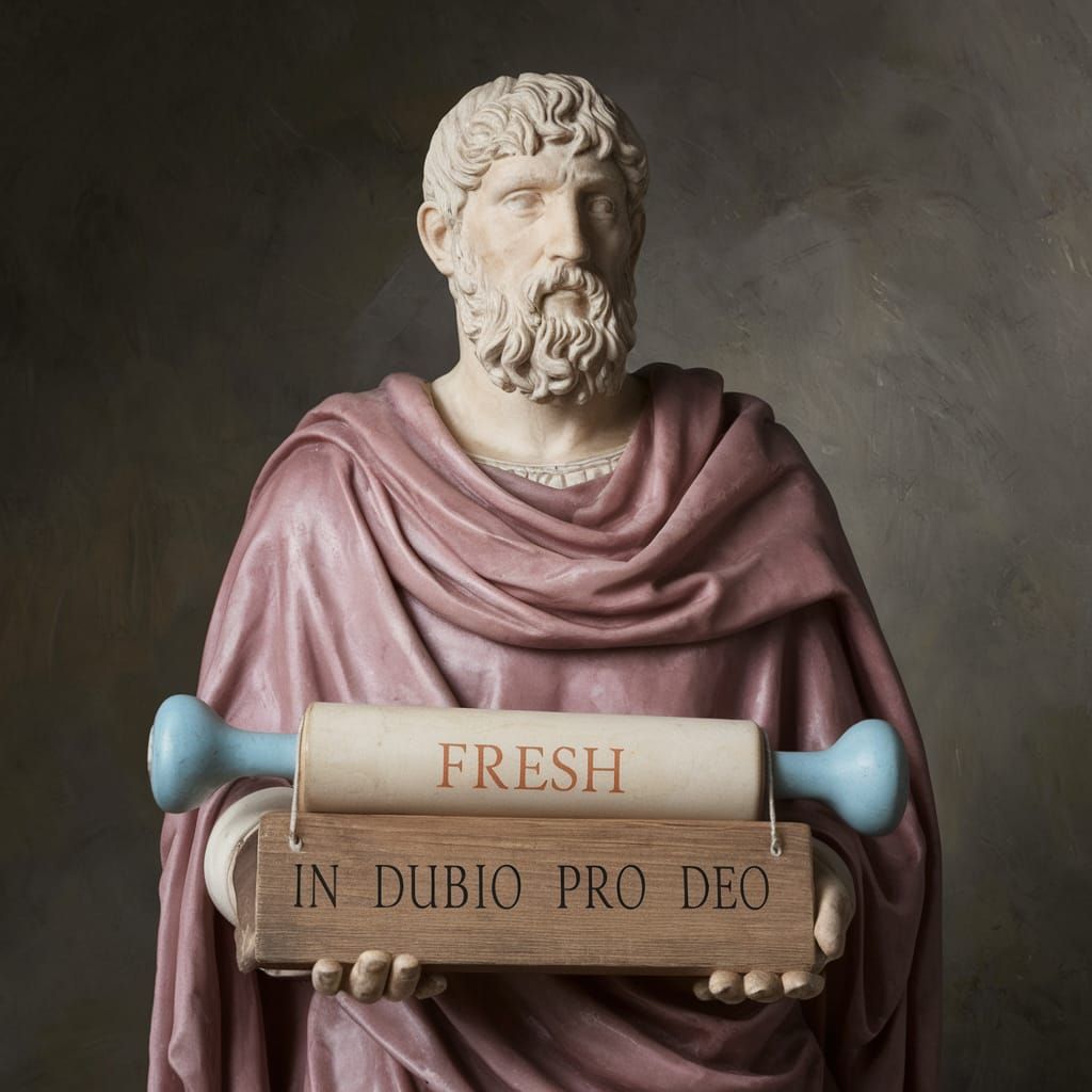 Roman Philosopher with Deo Roller and IN DUBIO PRO DEO Sign