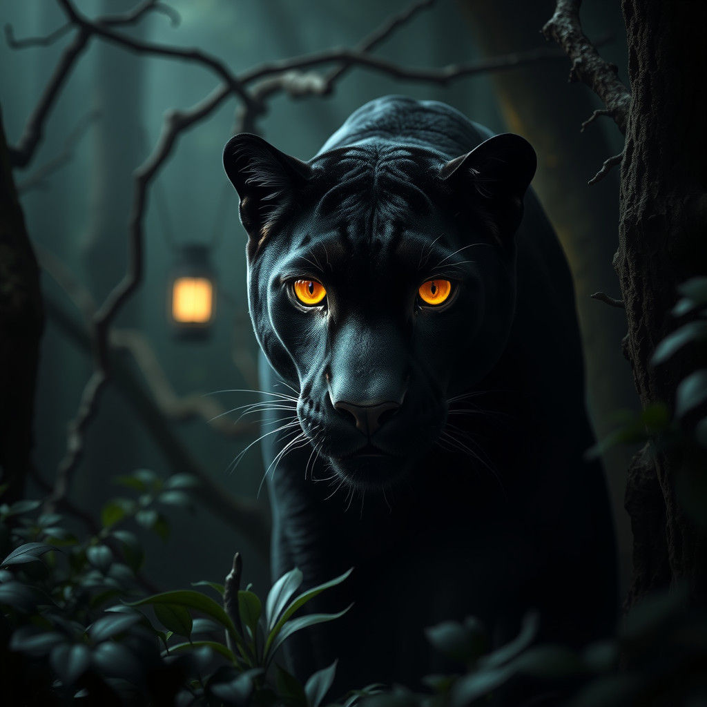 Sleek Black Panther in Dark Forest Night