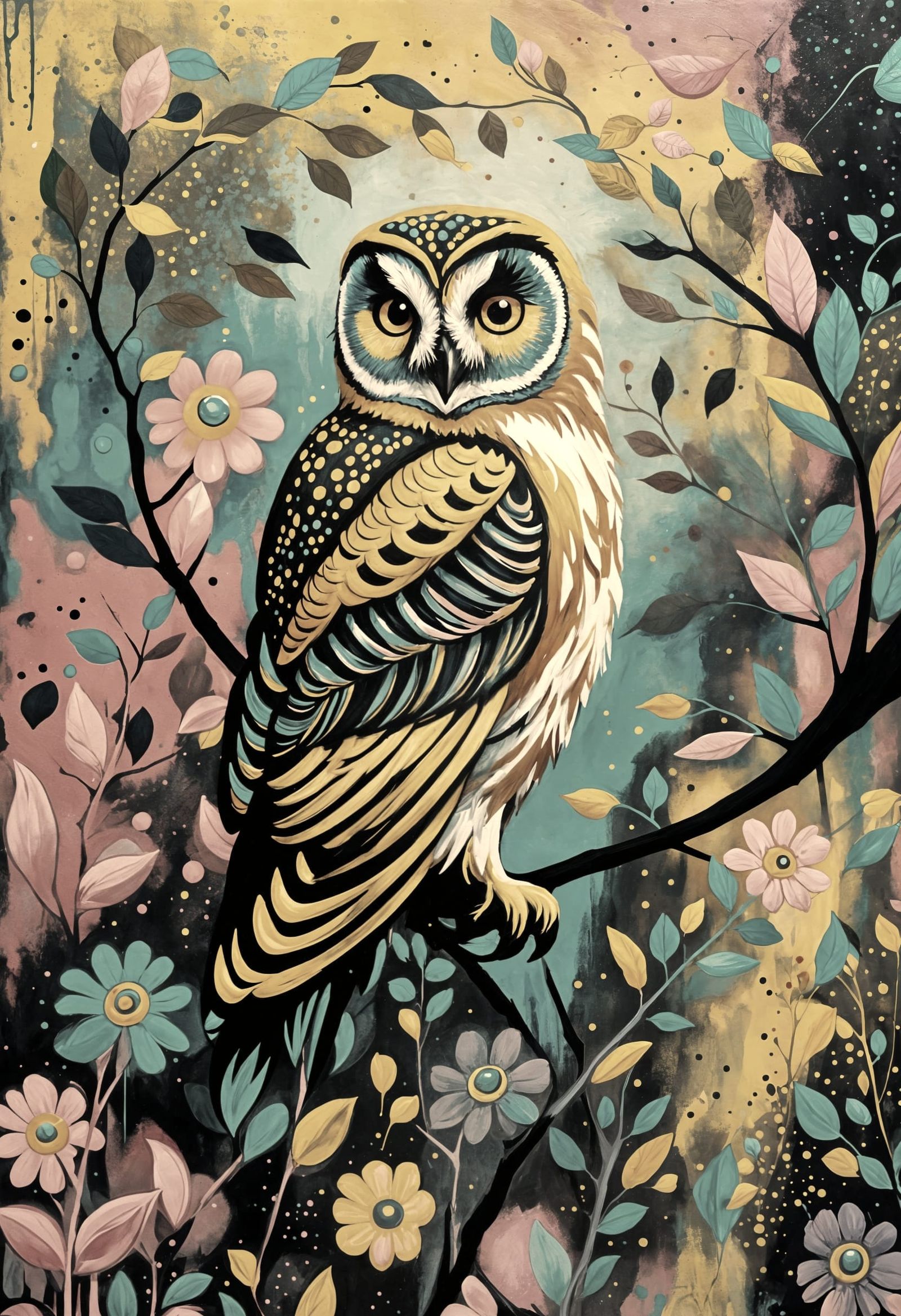 Colorful Owl on Branch in Graffiti Art Style
