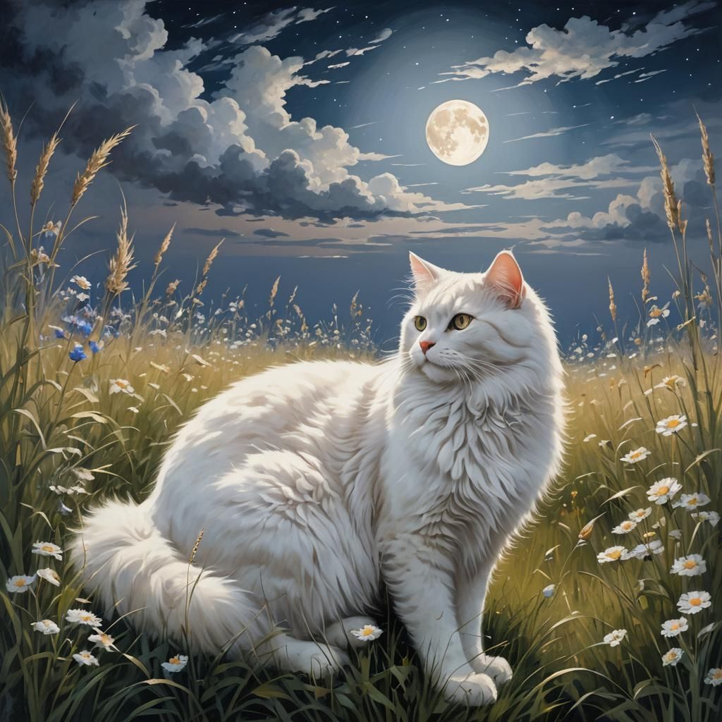 Majestic White Cat Under a Full Moon