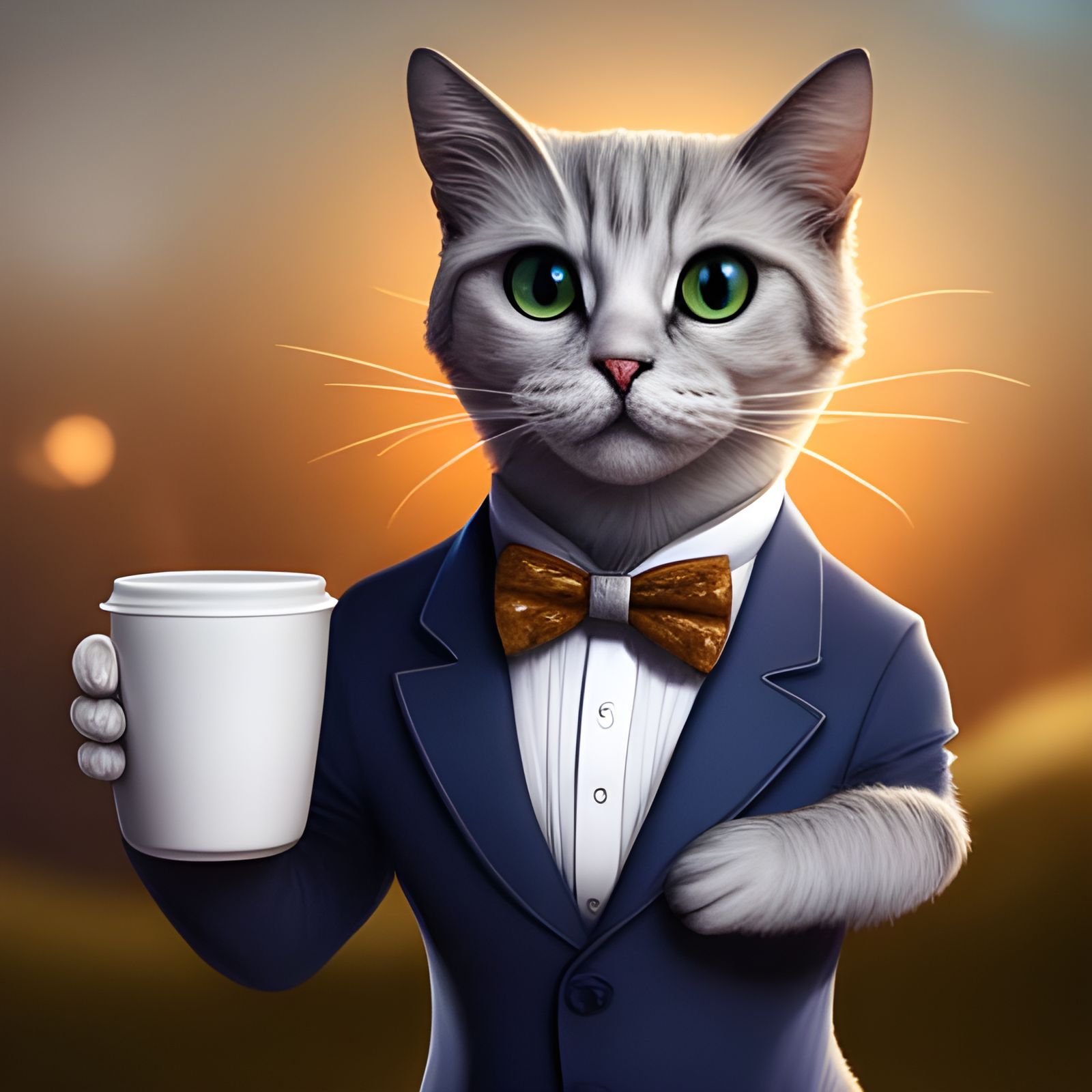 cat wearing a bow tie, holding a cup of coffee, t shirt design