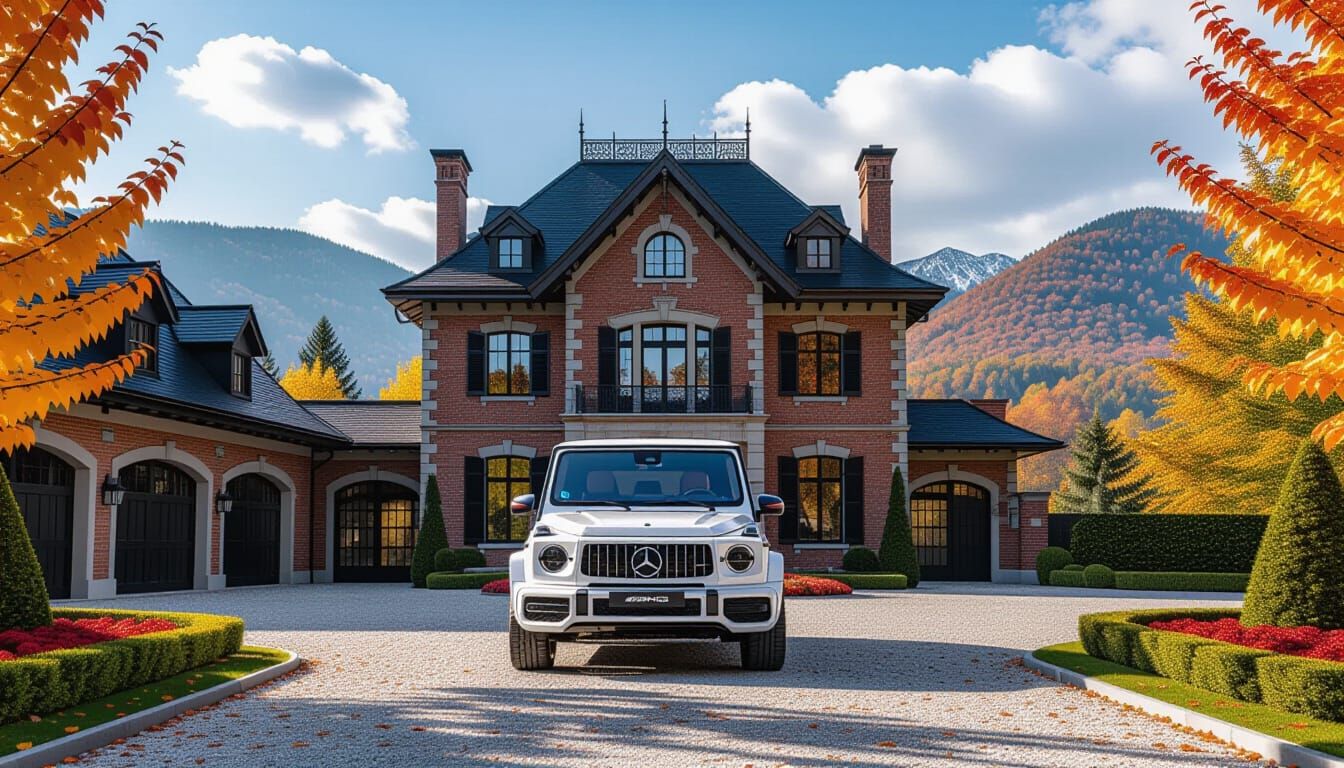 Victorian Chateau With Mercedes and Fall Garden